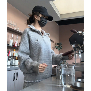 高级感华夫格休闲运动套装女秋冬欧货时尚炸街针织衫阔腿裤两件套