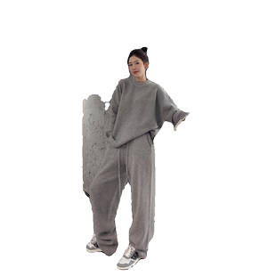 运动休闲套装女冬装搭配一整套欧货复古灰色卫衣阔腿裤两件套洋气