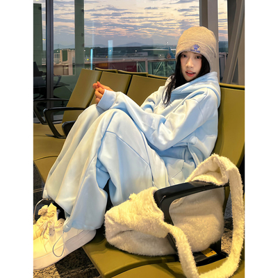 巨好看的蓝色加绒连帽卫衣套装潮