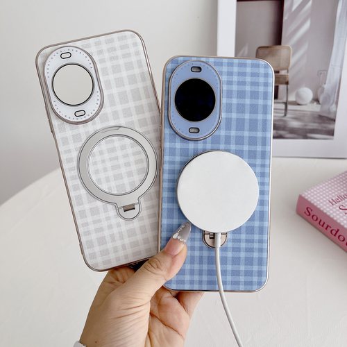 适用华为nova14pro手机壳磁吸支架nova14自带镜头膜高级感保护套nova14ultra格纹素皮男女款简约创意全包壳