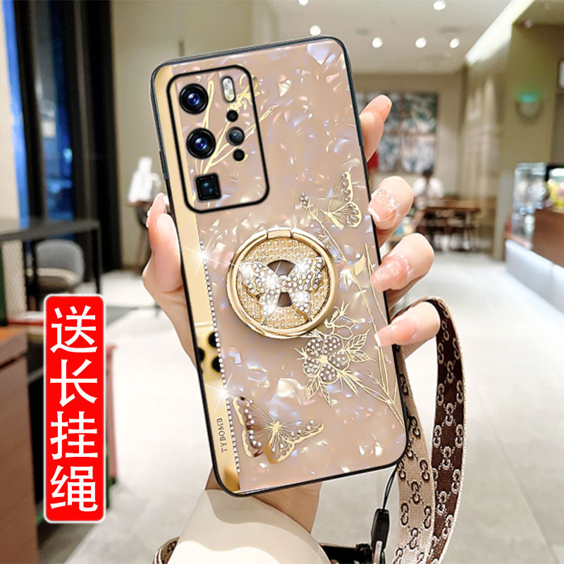 适用华为p40手机壳新款蝴蝶闪钻华为p50pro支架防摔套P40pro镜头全包P50PRO硅胶外壳por潮女5g奢华挂脖网红款