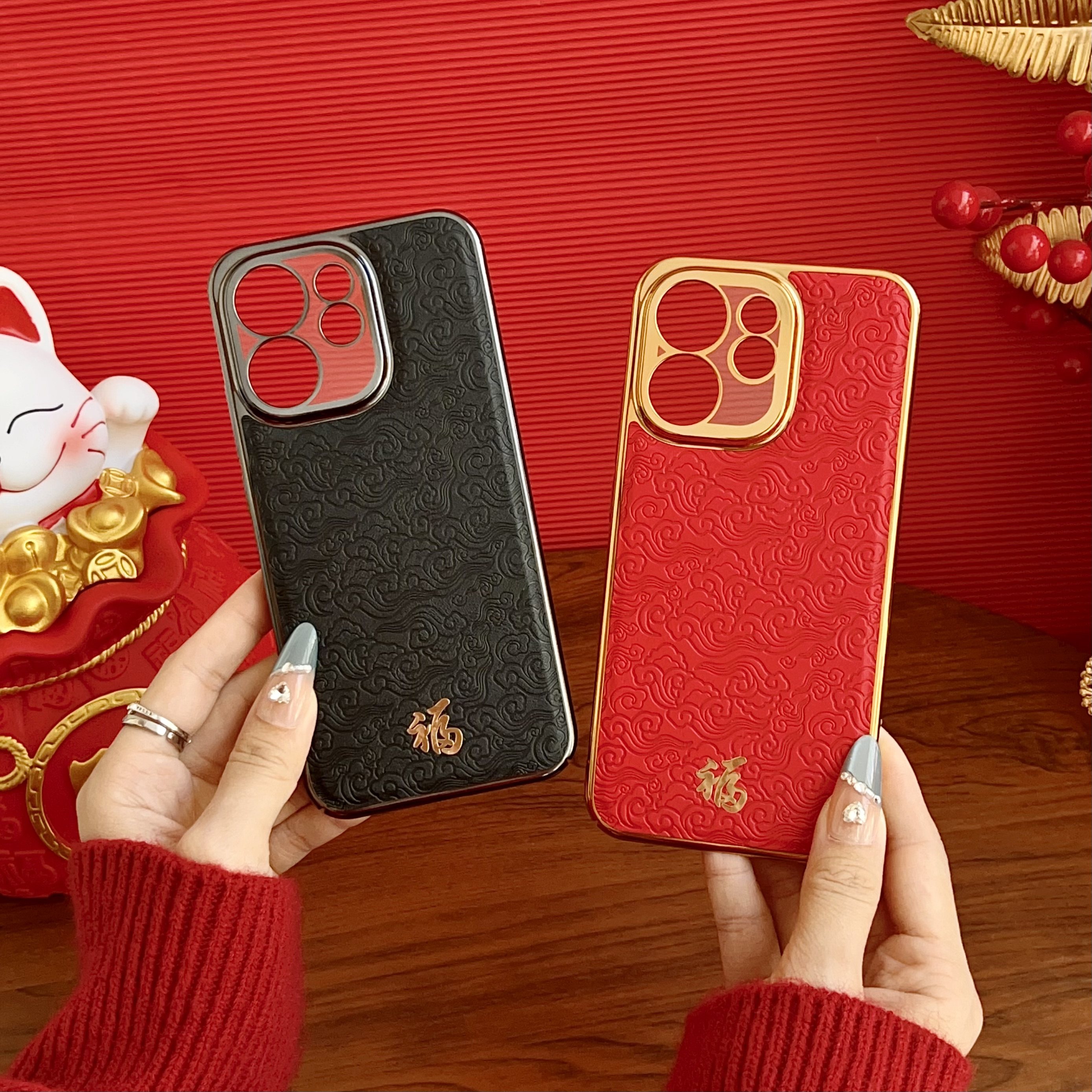 适用opporeno15pro手机壳新款opporeno15全包防摔贴皮祥云reno15系列烫金福字超薄高级感外壳硬新年2026红色