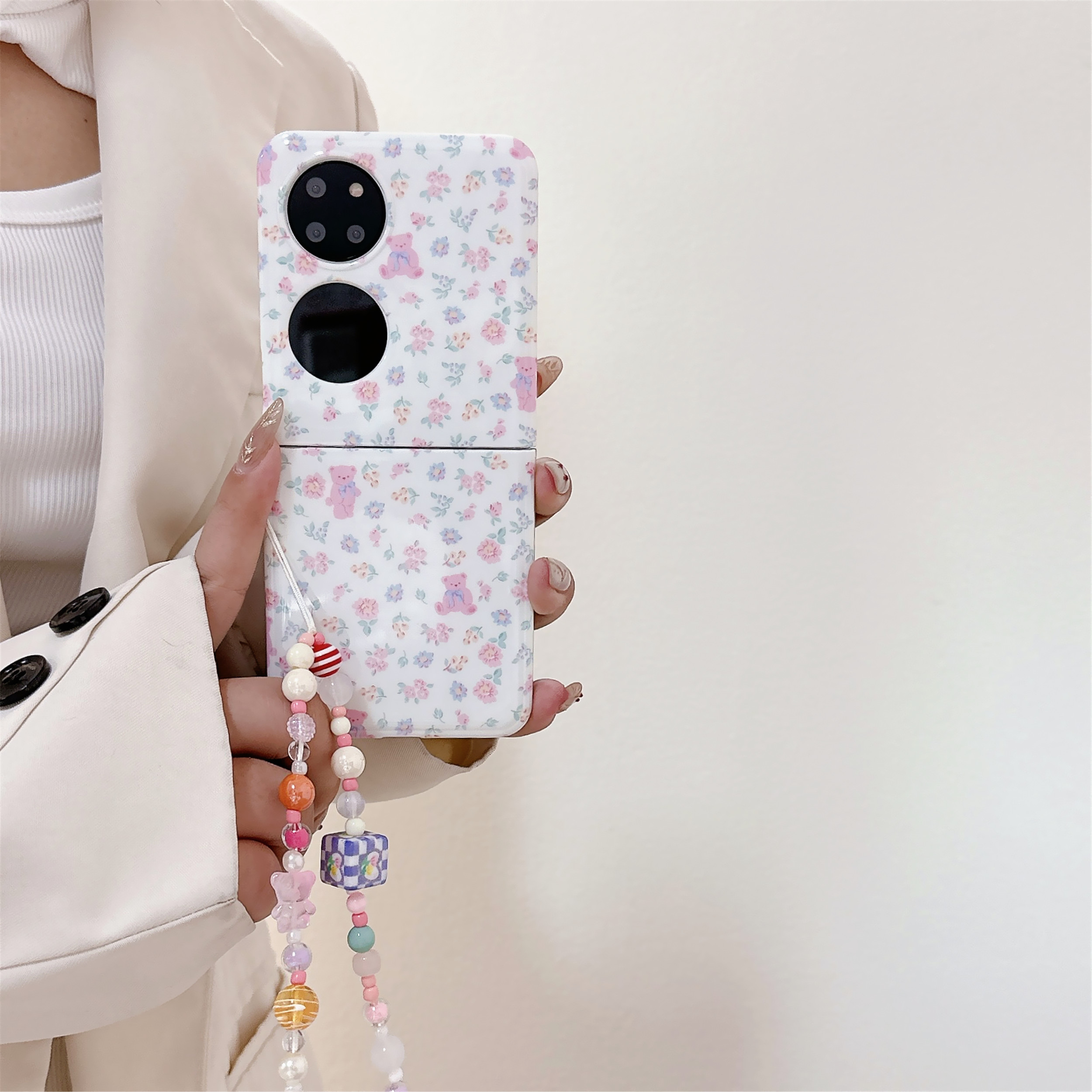 适用碎花小熊华为p50pocket手机壳pockets带手链pock卡通poket粉色pocket2硅胶pocket 2软壳p50透明S新款防摔