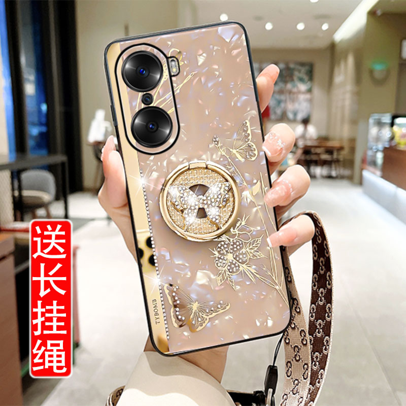 适用华为荣耀60手机壳新款蝴蝶闪钻60pro支架防摔套60PRO镜头全包ry60硅胶外壳por潮网红女5g奢华挂脖网红款
