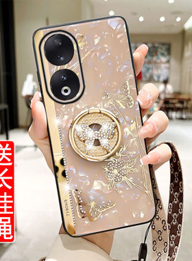 适用华为荣耀90手机壳新款蝴蝶闪钻90pro支架防摔套90PRO镜头全包ry90硅胶外壳por潮网红女5g奢华挂脖网红款