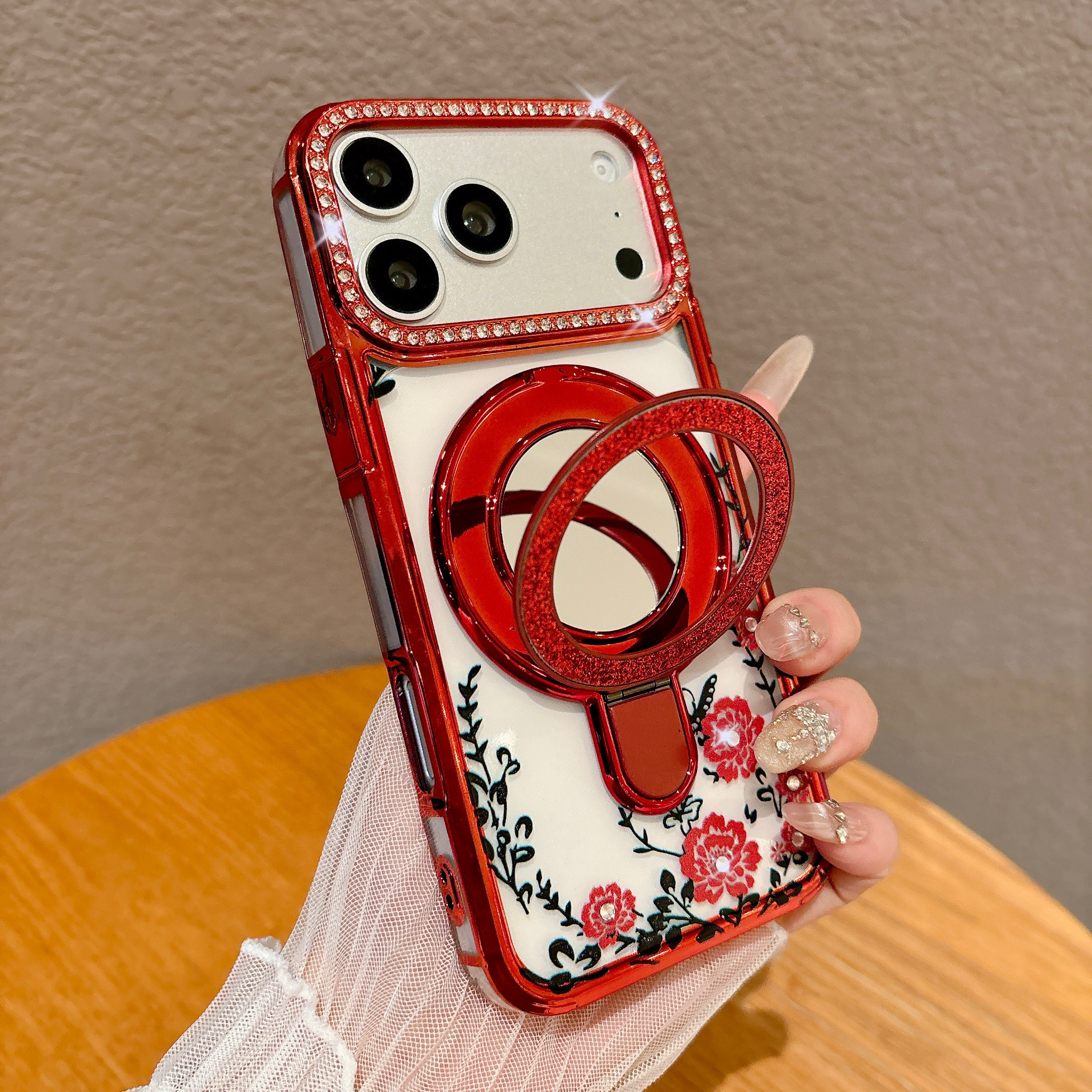 适用苹果17promax手机壳新款iPhone16pro闪粉化妆镜支架15pro水钻镜头13全包防摔保护套air奢华12高级14plus