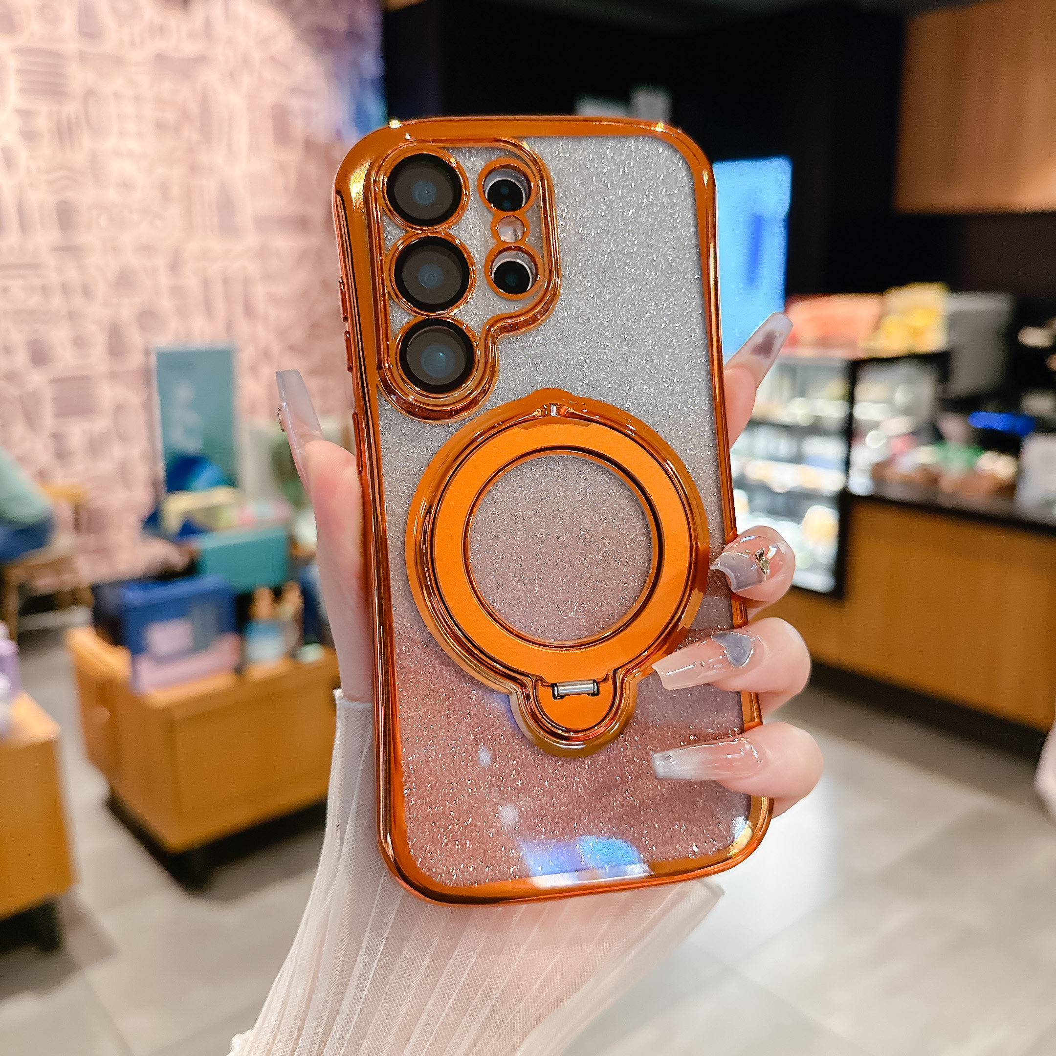 适用三星Galaxy S26Ultra透明磁吸支架带镜头膜防摔手机壳三星s25plus简约时尚闪粉小蛮腰电镀s24+手机保护套