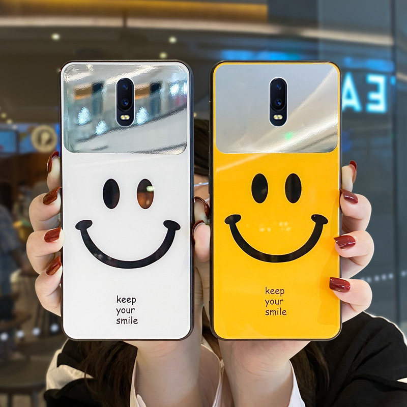 适用oppor17手机壳笑脸r15/r15x玻璃镜面潮oppok3/k5时尚oppoR17Pro简约高档R17保护套k1网红补妆镜子外壳