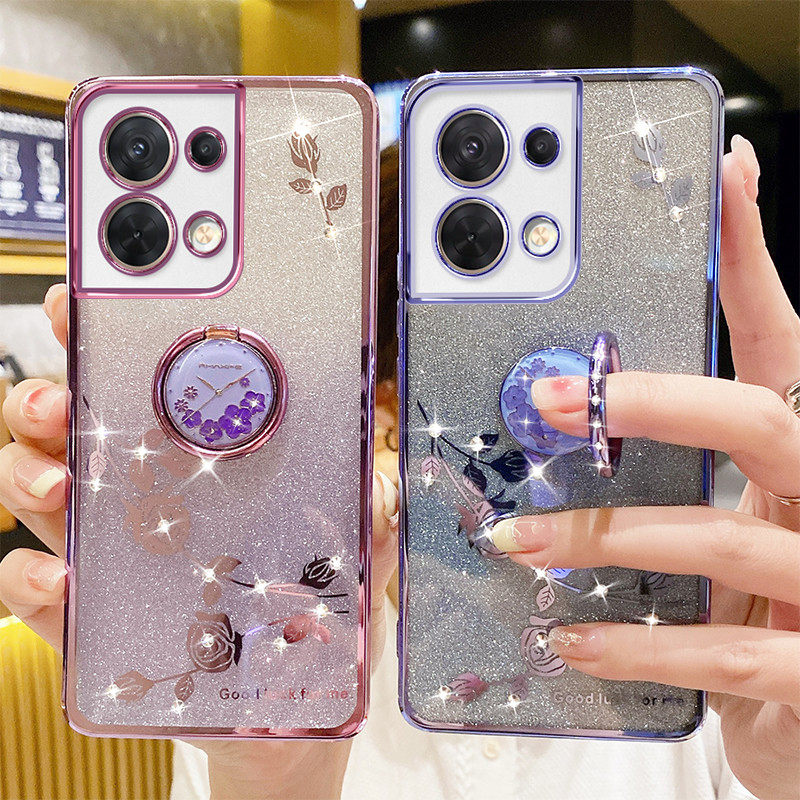 适用渐变闪粉玫瑰花opporeno8手机壳reno8pro新款透明8pro+高级感reno8高端奢华水钻o镜头全包潮网红女指环款