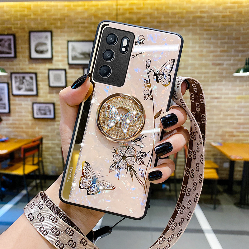适用opporeno6手机壳新款蝴蝶闪钻Reno5pro支架防摔套reno5k镜头全包Reno6硅胶外壳5K潮网红款女5g奢华挂脖绳