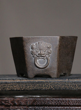 紫砂花盆全手工紫砂盆景盆长方形微型小花盆桌面古典兽面盆狮子盆