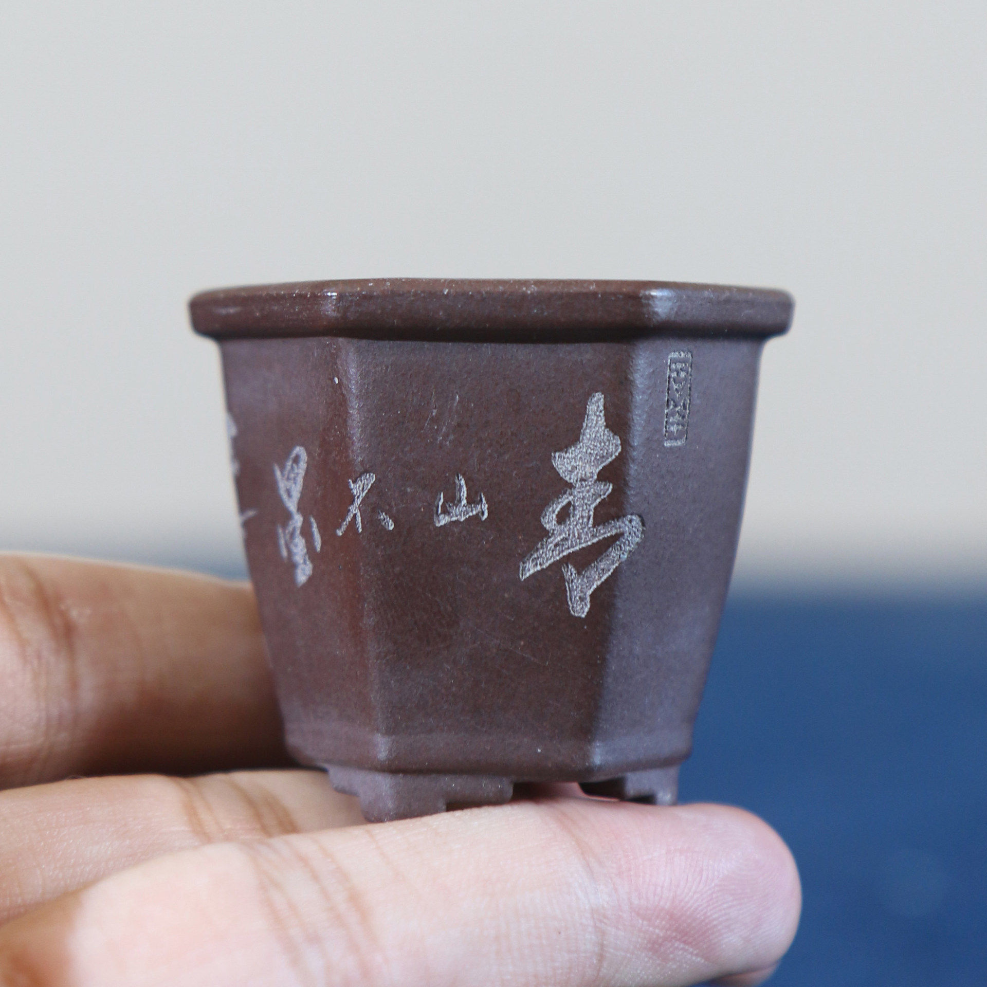 紫砂花盆迷你小六方微型手工刻绘盆景盆张可磊菖蒲盆掌上拇指盆