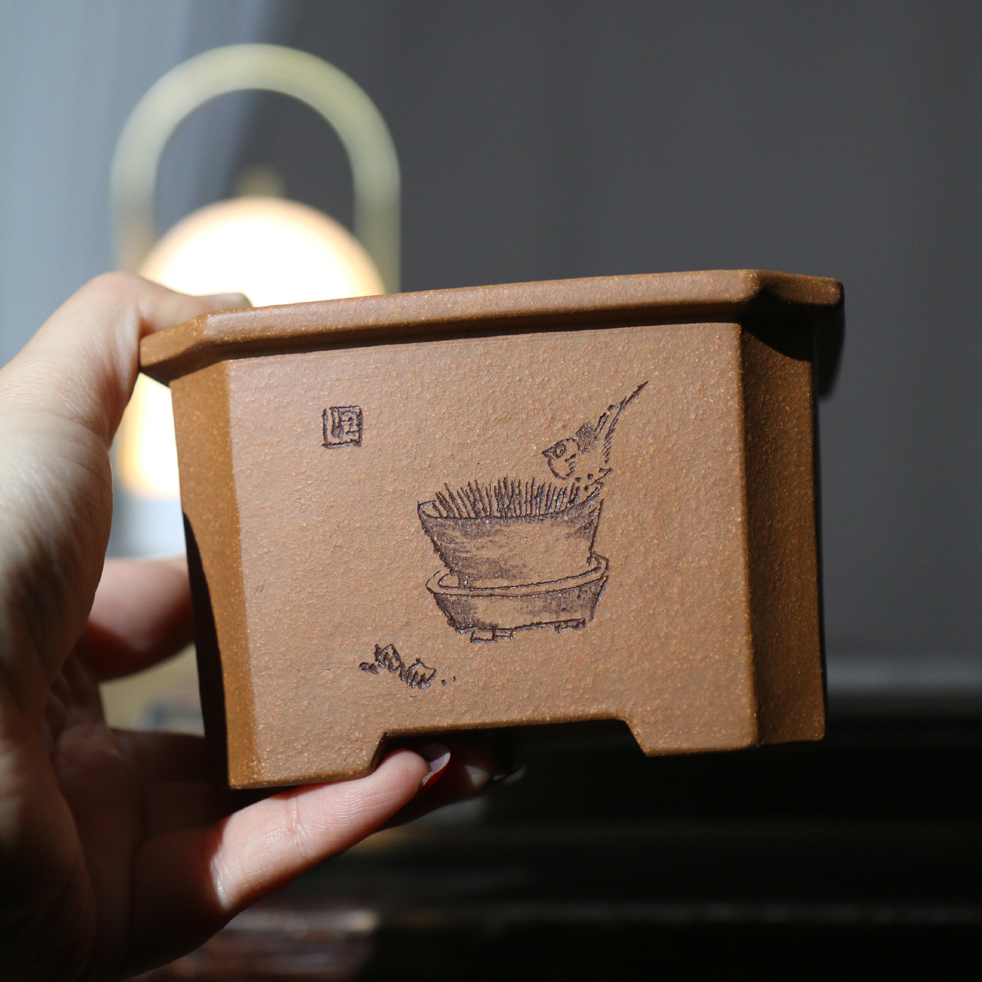 紫砂花盆正方形盆景盆刻绘手绘小盆桌面盆栽苏兵降坡泥手工盆古典