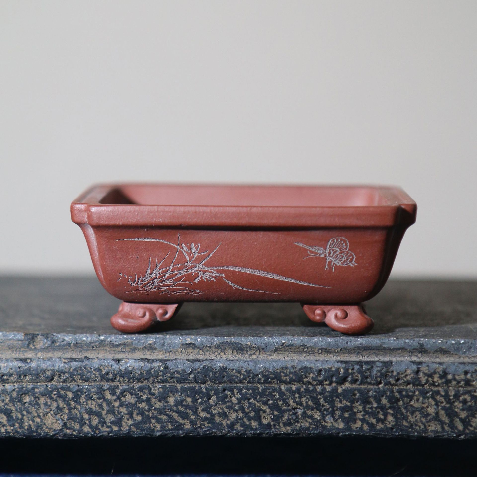 紫砂花盆手工长方形盆景盆微型盆刻绘云足掌上盆栽张可磊小盆