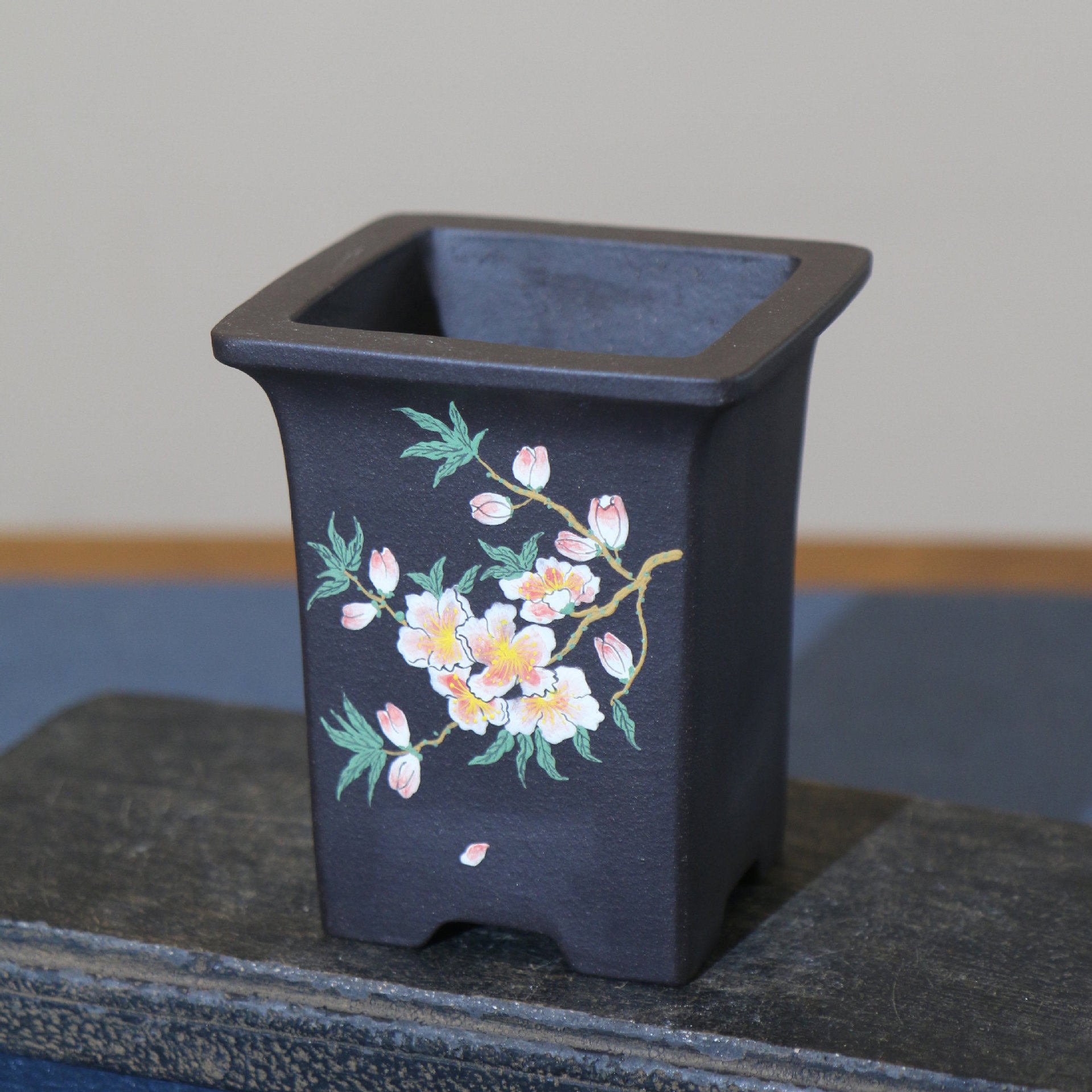 紫砂花盆中式方形手工彩绘花鸟浮雕国风系列古典桌面盆景盆兰花盆