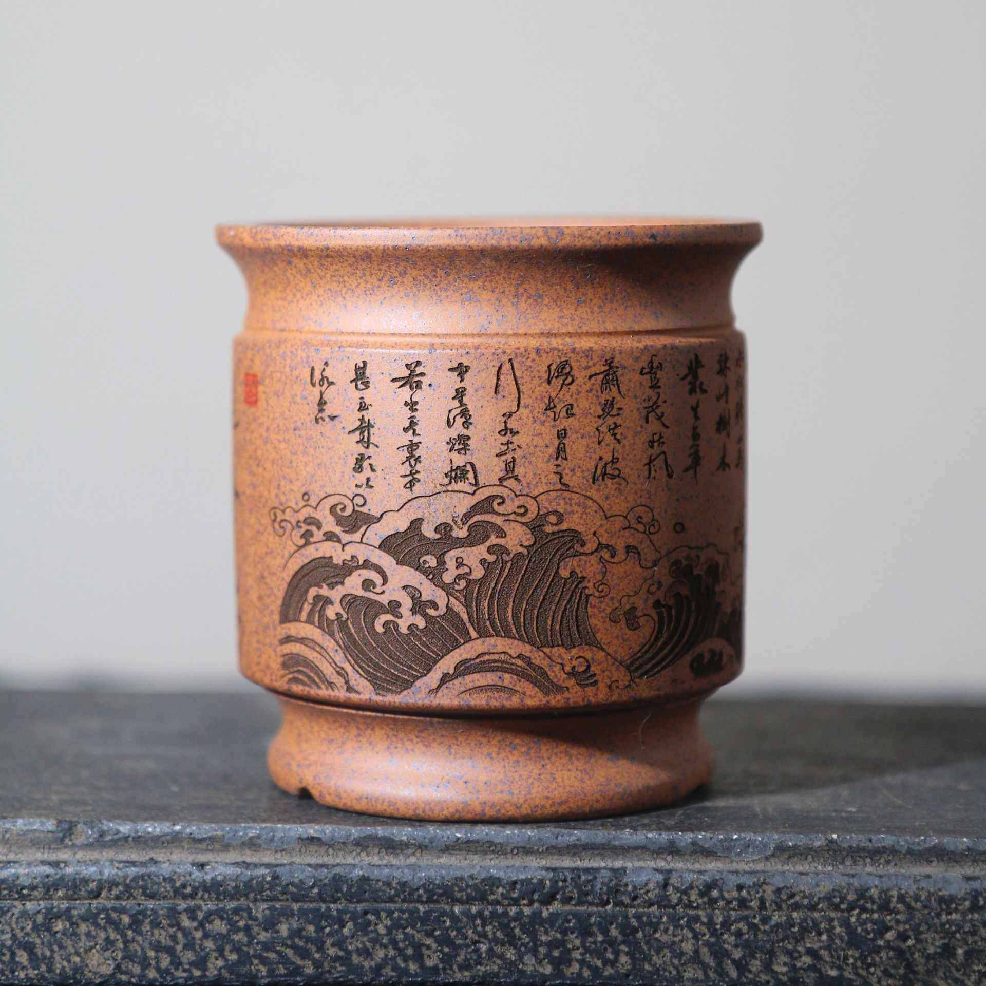 紫砂花盆柴烧小盆手工盆朱泥大红袍降坡泥柴烧中国风海浪玉兰花图片