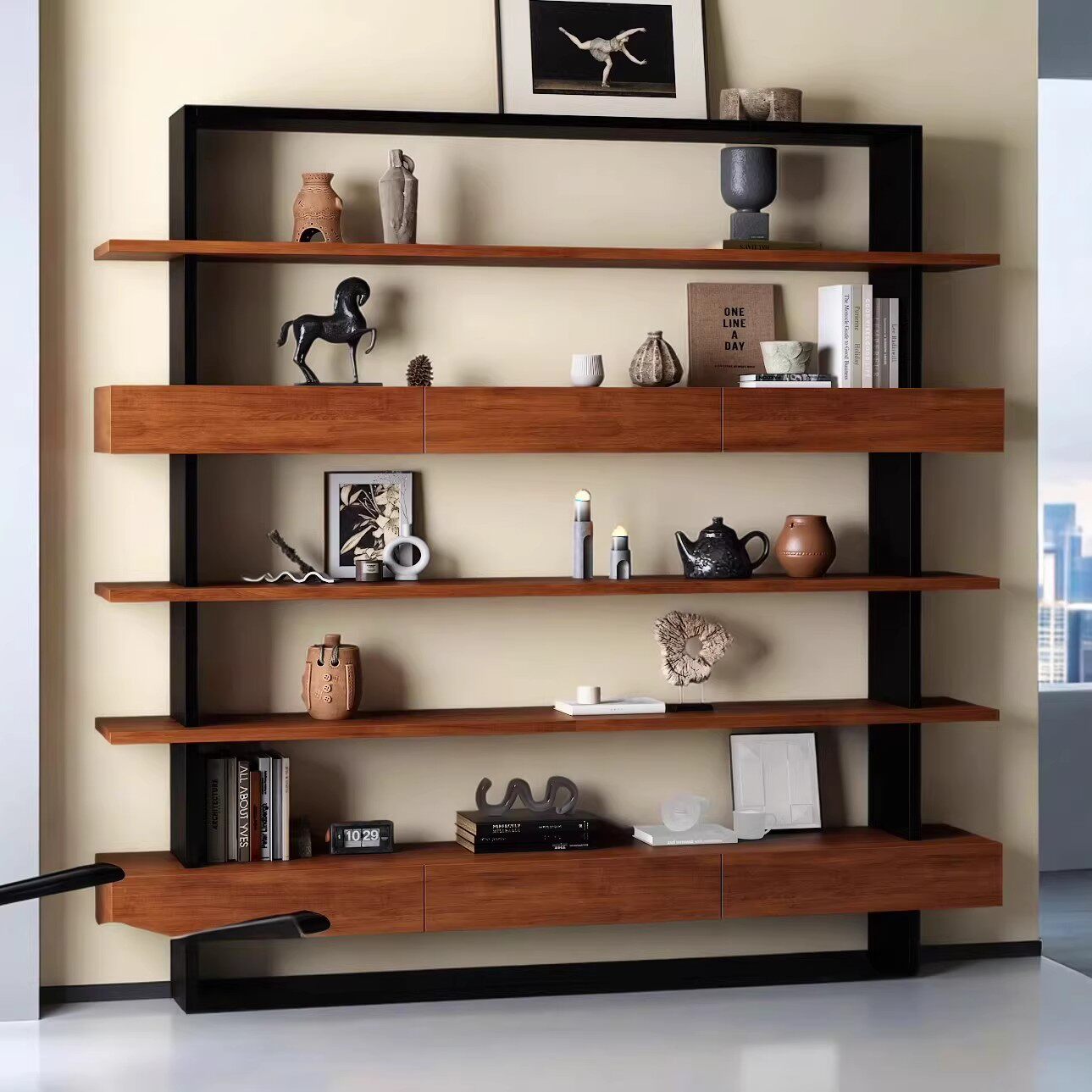 中古意式简约实木办公室文件柜书架一体靠墙落地置物架带抽屉客厅