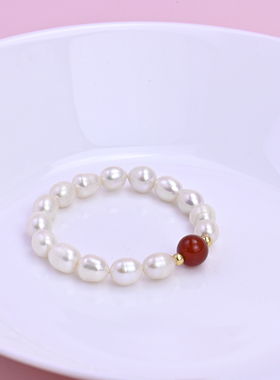 天然珍珠红玛瑙手工串珠设计手链
