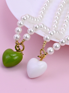 女质感施家珍珠爱心吊坠搭扣项链