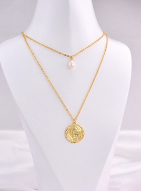 希腊浮雕圆盘镀金金天然珍珠珍珠