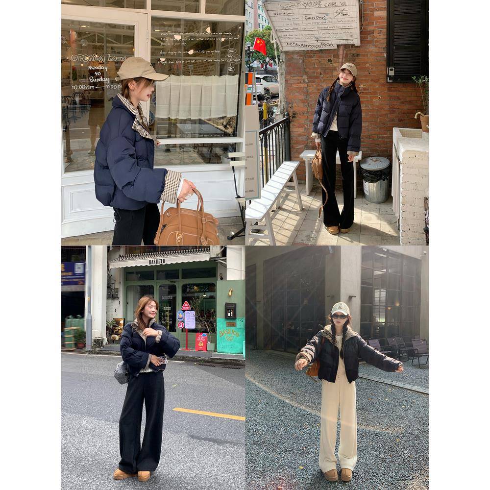 切糕自制小个子秋冬时尚外套女设计感格子藏蓝色拼接上衣棉服