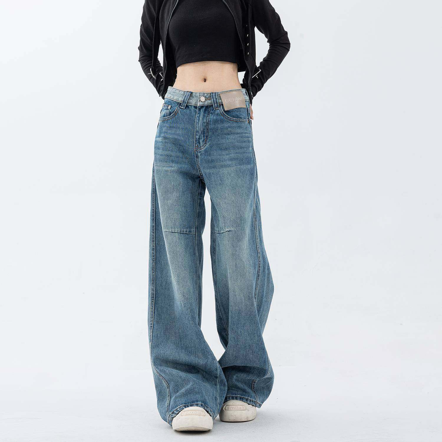 EDX美式覆古蓝色阔腿牛仔裤女夏季高腰拖地直筒裤拼接设计感裤子