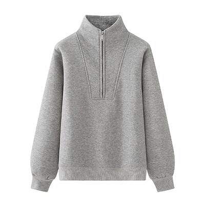 艾格灰色立领加绒卫衣女2025冬新款小个子高领加厚半拉炼保暖上衣