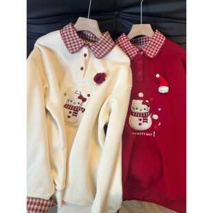 圣诞小雪人刺绣假两件卫衣女2025秋冬新款加绒宽松休闲polo领上衣