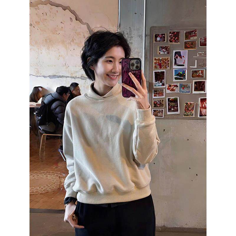 浪清美式复古青果领正肩卫衣女2025秋冬新款女装休闲套头长袖上衣