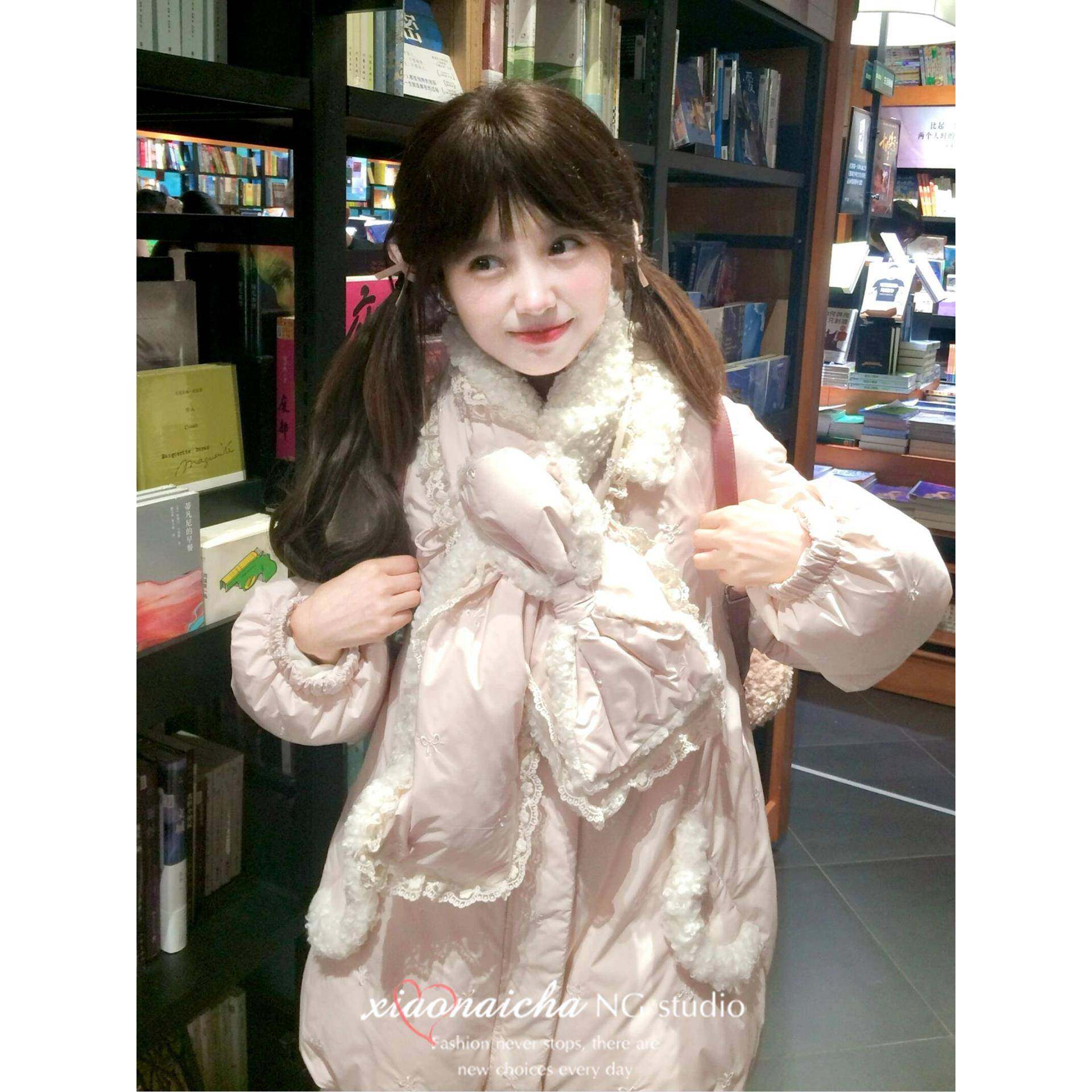 甜美风粉色羊羔毛娃娃领羽绒棉服外套女秋冬季小个子宽松加厚棉衣