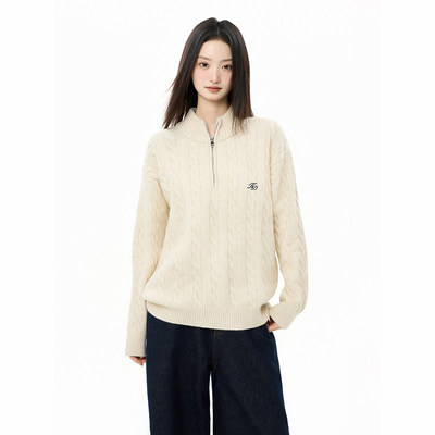 amX半拉链高领麻花毛衣女