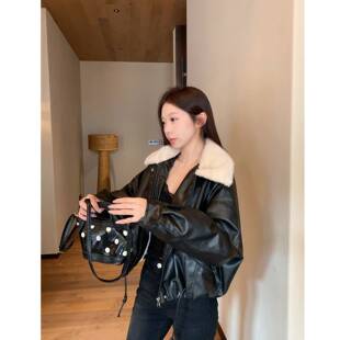 可可里自制~毛领加绒保暖PU皮衣女装冬季飞行员短款夹克外套棉服