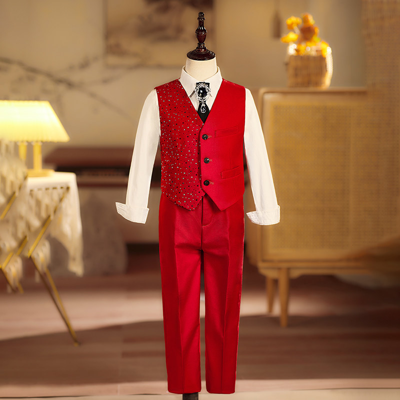 镶钻男童马甲套装儿童合唱生日宴会主持人礼服男生钢琴演奏演出服