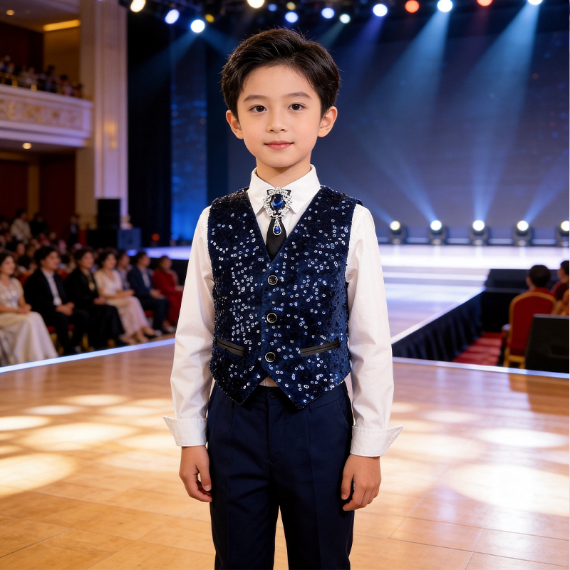 中秋亮片儿童演出服男童马甲套装