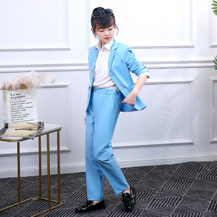 蓝色女童西装洋气英伦风外套模特T台走秀潮服小西服休闲套装衬衫