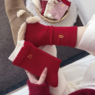 秋冬袜子女中筒本命年红色马年鸿运爆富饰品袜羊毛保暖加厚长筒袜