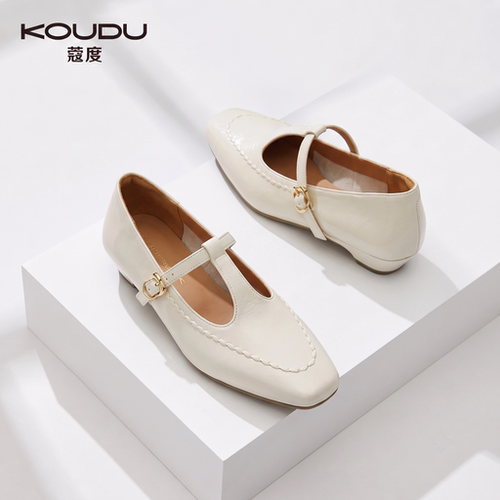 KOUDU米白T字带复古玛丽珍鞋