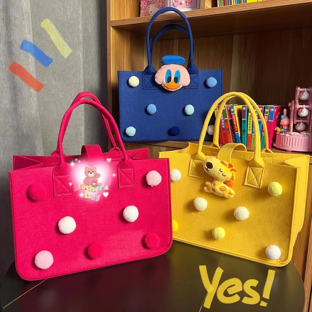 新款可爱毛毡包手提包卡通妈咪包百日宴礼品购物袋公仔女生小拎包