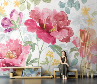 手绘田园壁纸牡丹花艺术墙布客厅沙发餐厅电视背景墙定制壁画 美式