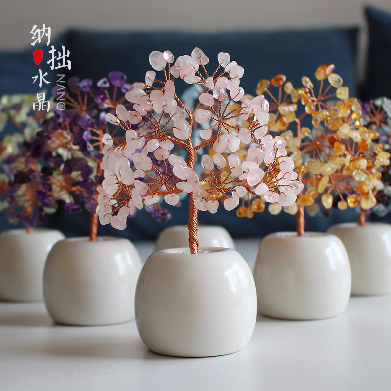 粉紫水晶桃花发财树办公室桌面工位装饰品招财小摆件创意转运礼物,家居饰品,装饰摆件,淘宝优惠券,粉丝福利购,淘宝优惠卷