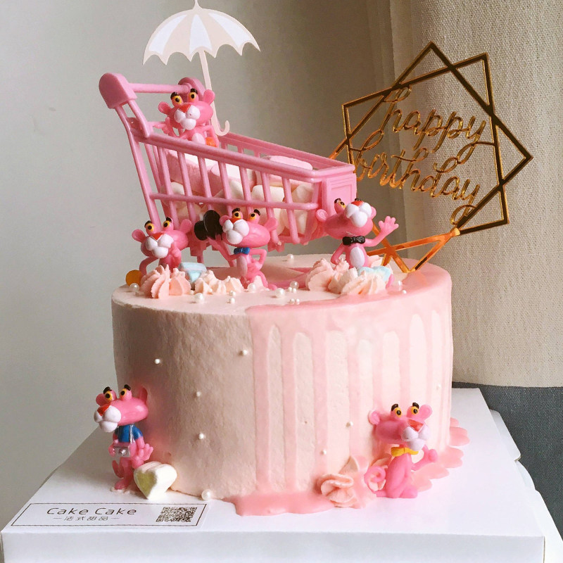 粉红豹蛋糕装饰摆件套装儿童生日网红插件配件卡通粉红购物车玩具