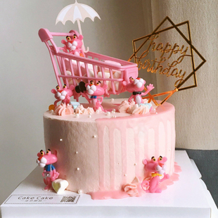粉红豹蛋糕装饰摆件套装儿童生日网红插件配件卡通粉红购物车玩具