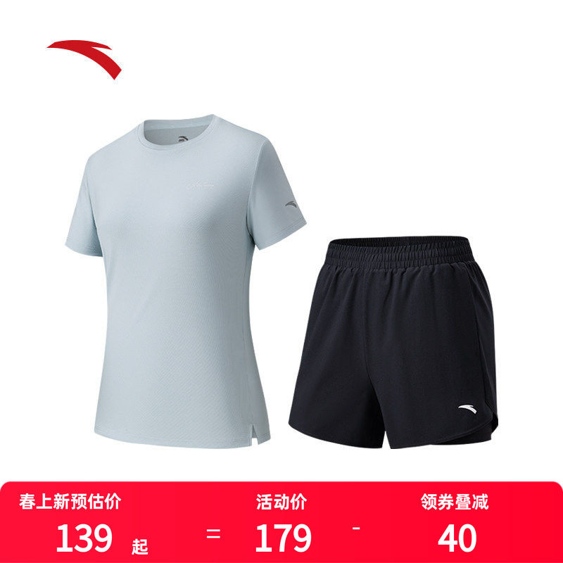安踏运动套装女夏季速干衣透气跑步短袖t恤防走光短裤妈妈运动服