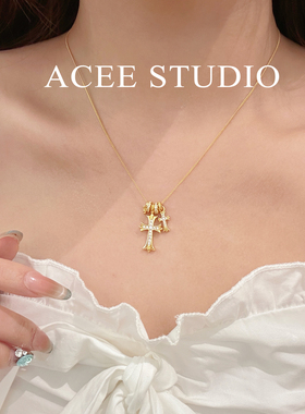 ACEE设计S925纯银古法金十字架项链女2025新款ins风锁骨链毛衣链