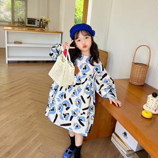 儿童圆领长袖 2023夏季 新品 女童蓝色花朵印花连衣裙韩版 裙洋气裙子