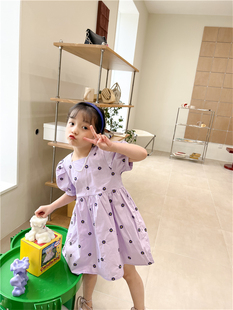 2023夏季新品女童紫色甜美公主裙童装儿童纯棉花朵短袖连衣裙洋气