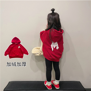 2022秋冬装新款韩版女童红色字母印花卫衣洋气儿童加绒加厚外套潮