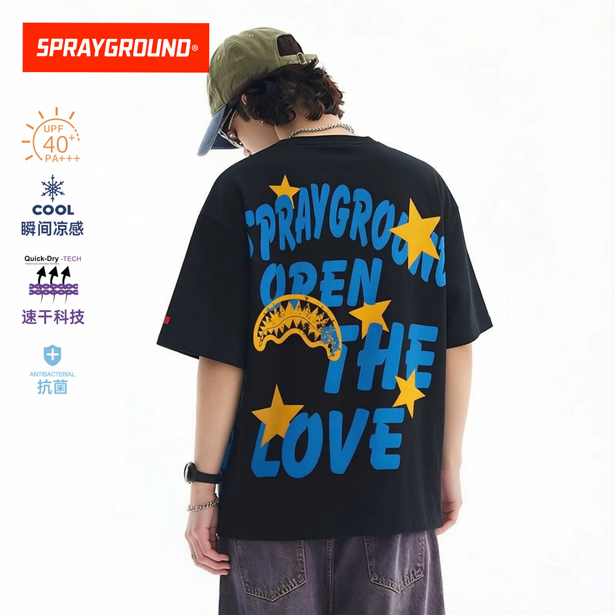 SprayGround鲨鱼嘴满印后背字母短袖 速干凉感抗菌宽松圆领T恤夏