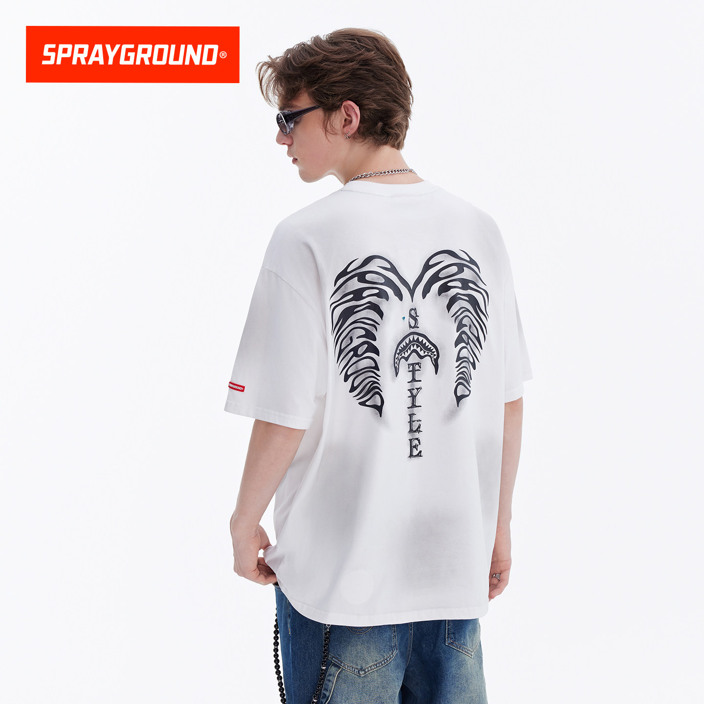 SprayGround鲨鱼嘴25夏季翅膀印花短袖T恤男做旧宽松纯棉重磅体恤