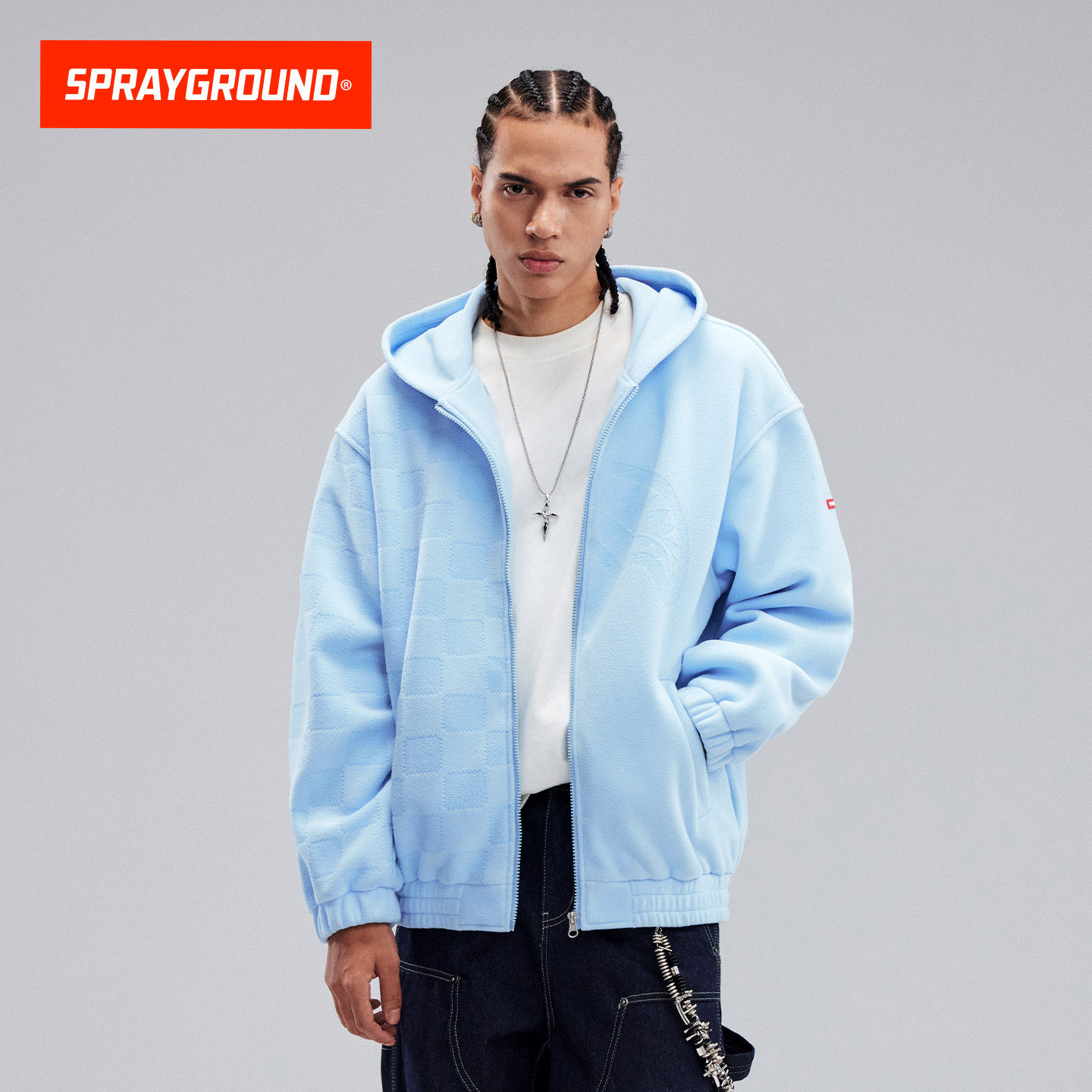 SprayGround鲨鱼嘴格纹拼接摇粒绒开衫卫衣男女秋冬加绒保暖外套